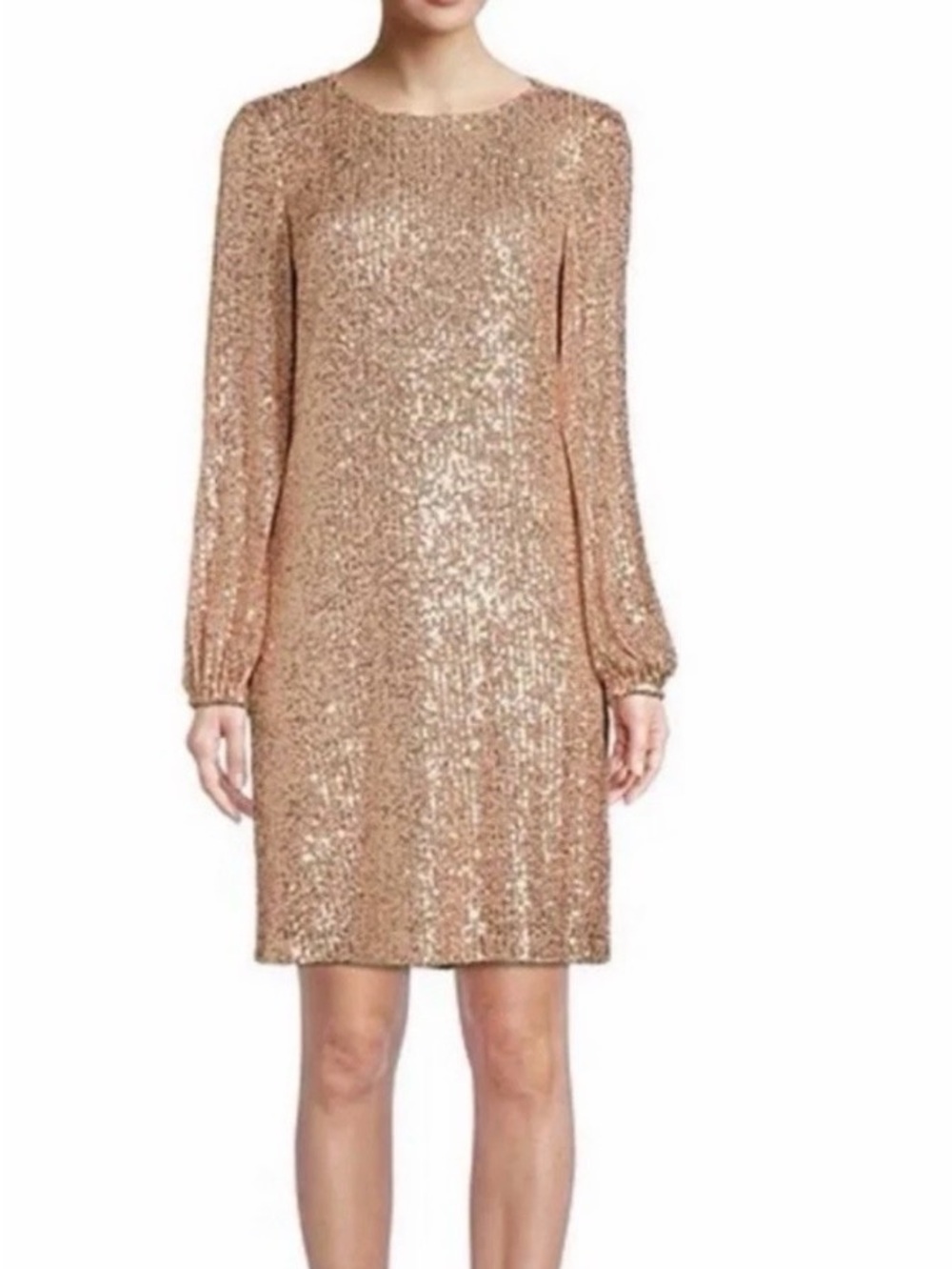 rose gold long-sleeve sequin dress round neckline relaxed shift size 16 party